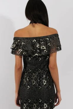 Rebellious Fashion Black And Gold Lace Frill Bardot Choker Dress - Jolie