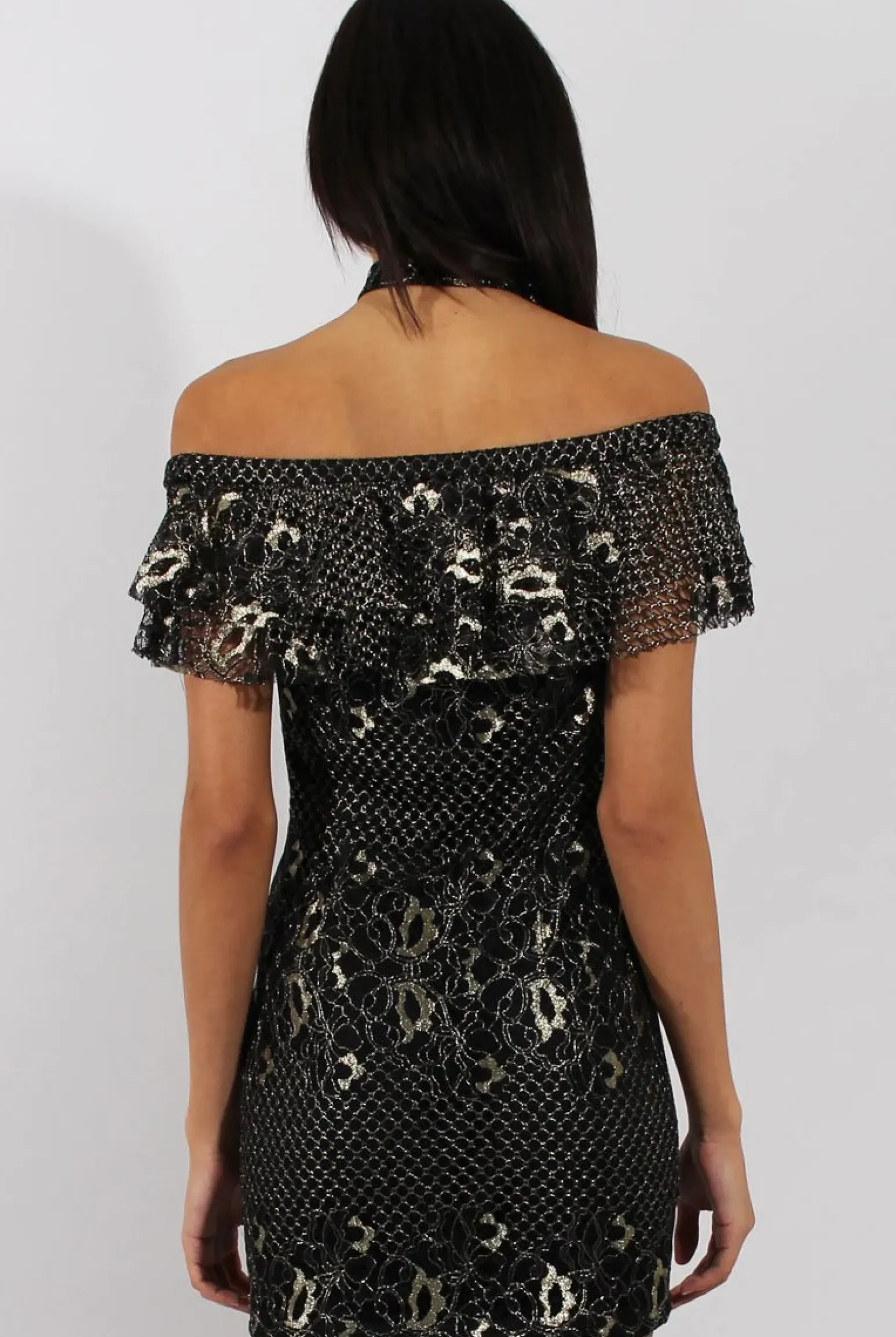 Rebellious Fashion Black And Gold Lace Frill Bardot Choker Dress - Jolie