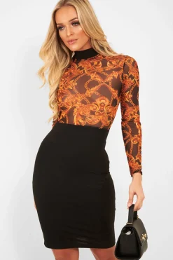 Rebellious Fashion Black and Gold Mesh Chain Print Bodycon Dress- Lilie