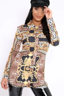 Rebellious Fashion Black and Gold Scarf Print Button Front Shirt Dress - Nyanna