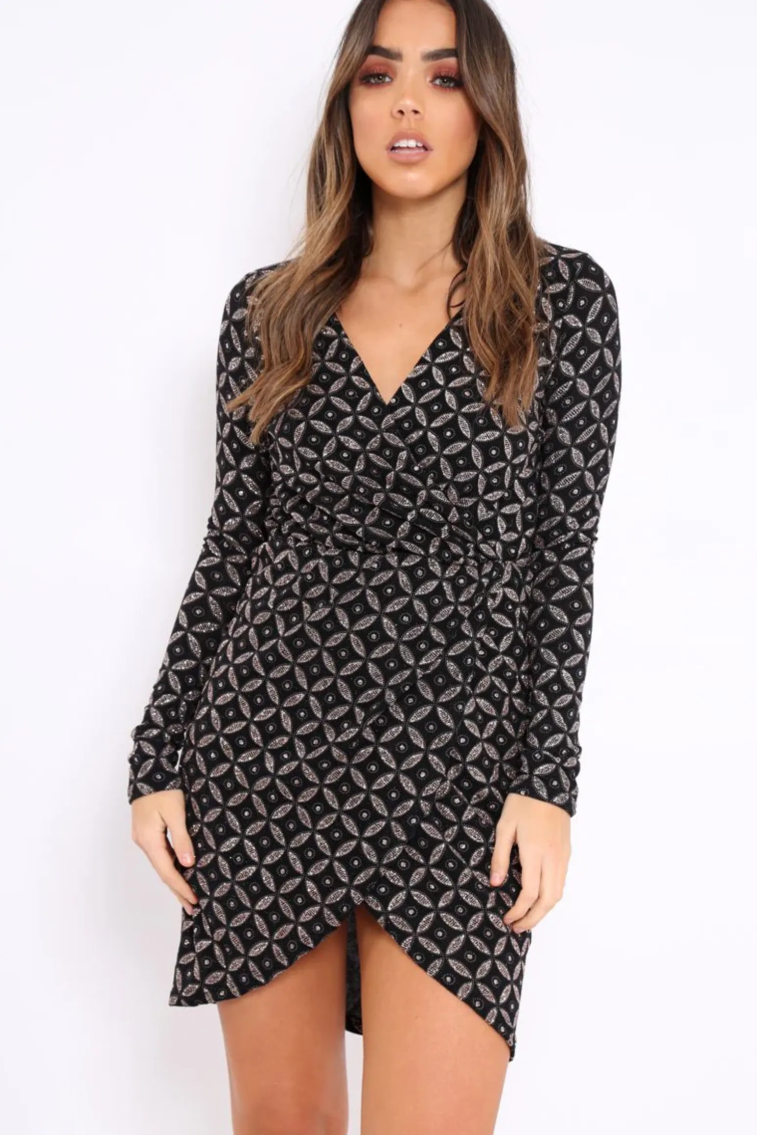 Rebellious Fashion Black And Gold Sequin Wrap Front Dress - Kelcy