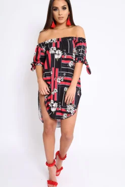 Rebellious Fashion Black and Red Floral Bardot Dress - Zhen
