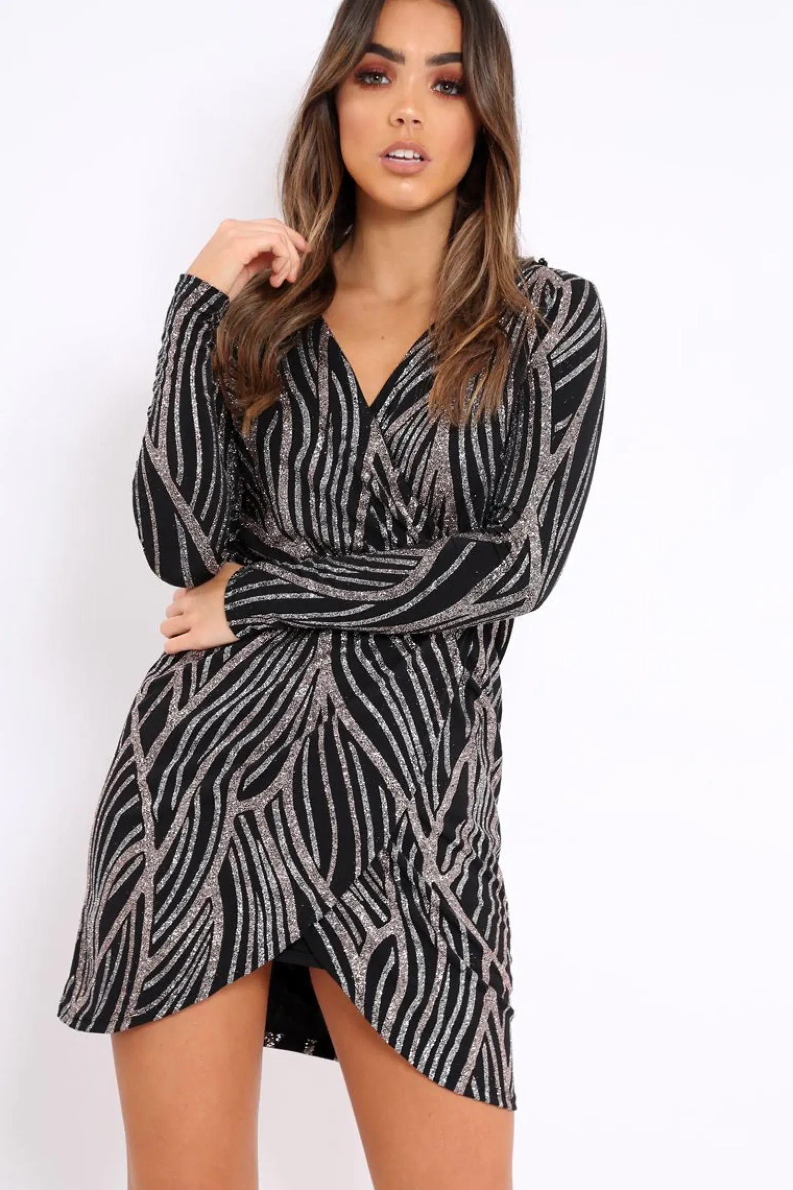 Rebellious Fashion Black And Silver Sequin Wrap Front Dress - Kelcy