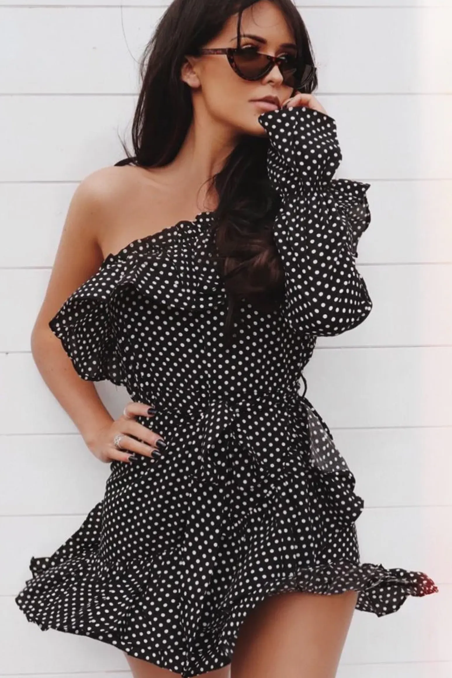 Rebellious Fashion Black and White Polka Dot One Shoulder Frill Dress - Zyann