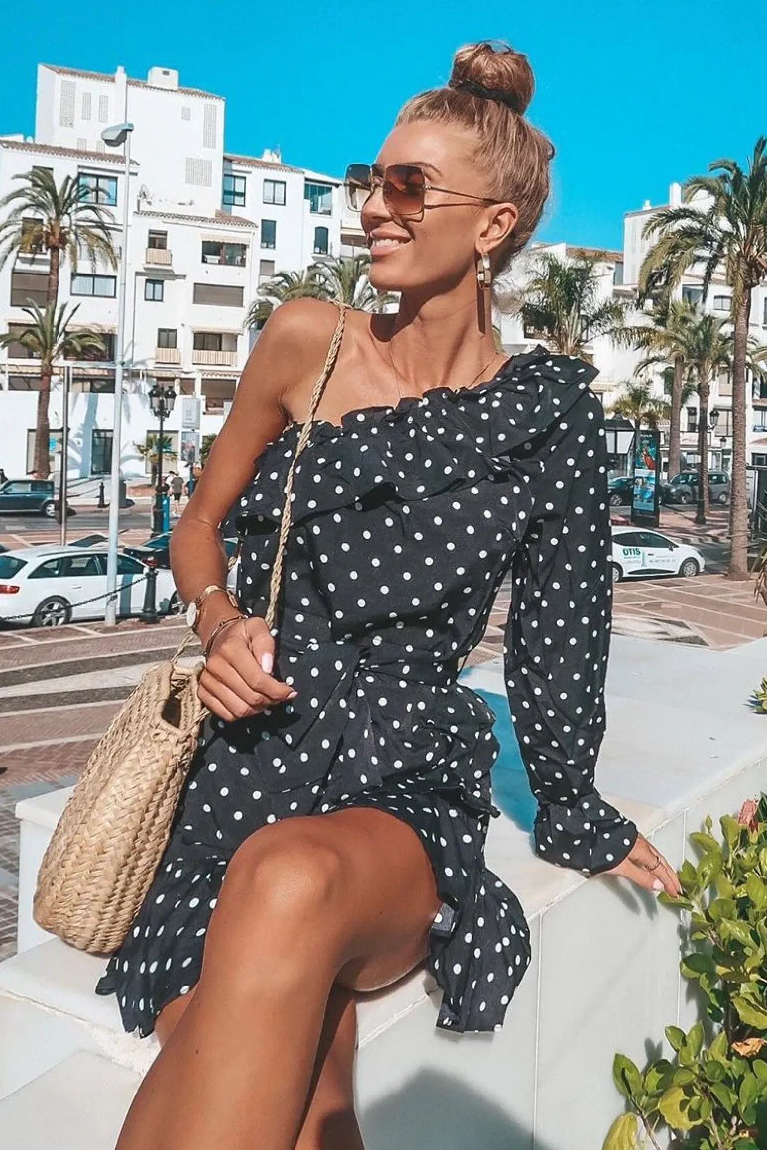 Rebellious Fashion Black and White Polka Dot One Shoulder Frill Dress - Zyann