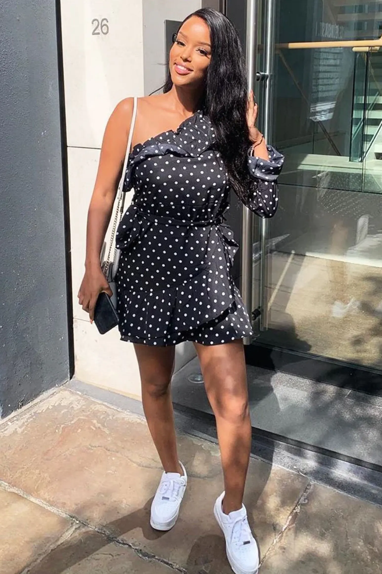 Rebellious Fashion Black and White Polka Dot One Shoulder Frill Dress - Zyann