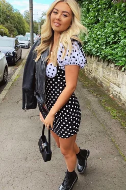 Rebellious Fashion Black and White Polka Dot Milkmaid Bow Detail Sleeve Dress - Shaila