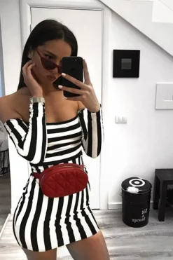Rebellious Fashion Black and White Stripe Bardot Bodycon Dress - Leidy