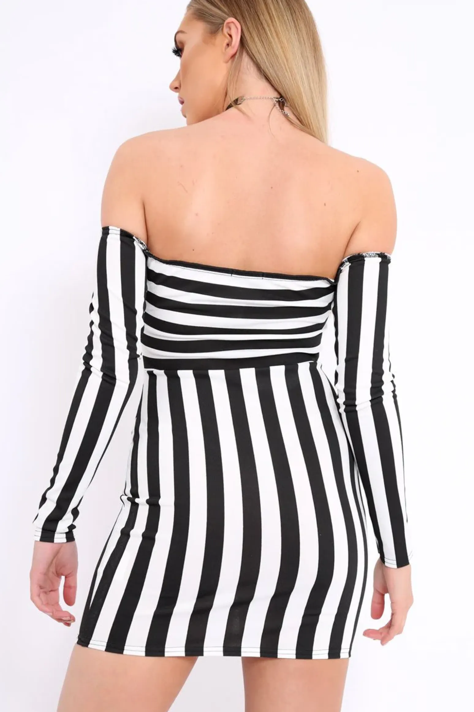 Rebellious Fashion Black and White Stripe Bardot Bodycon Dress - Leidy