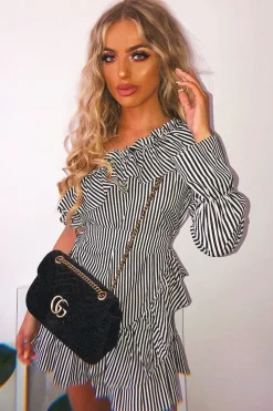 Rebellious Fashion Black and White Stripe One Shoulder Frill Dress - Zyann