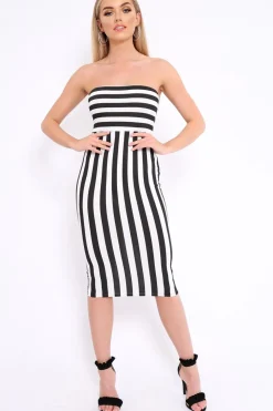 Rebellious Fashion Black and White Stripe Strapless Bodycon Dress - Mirabell