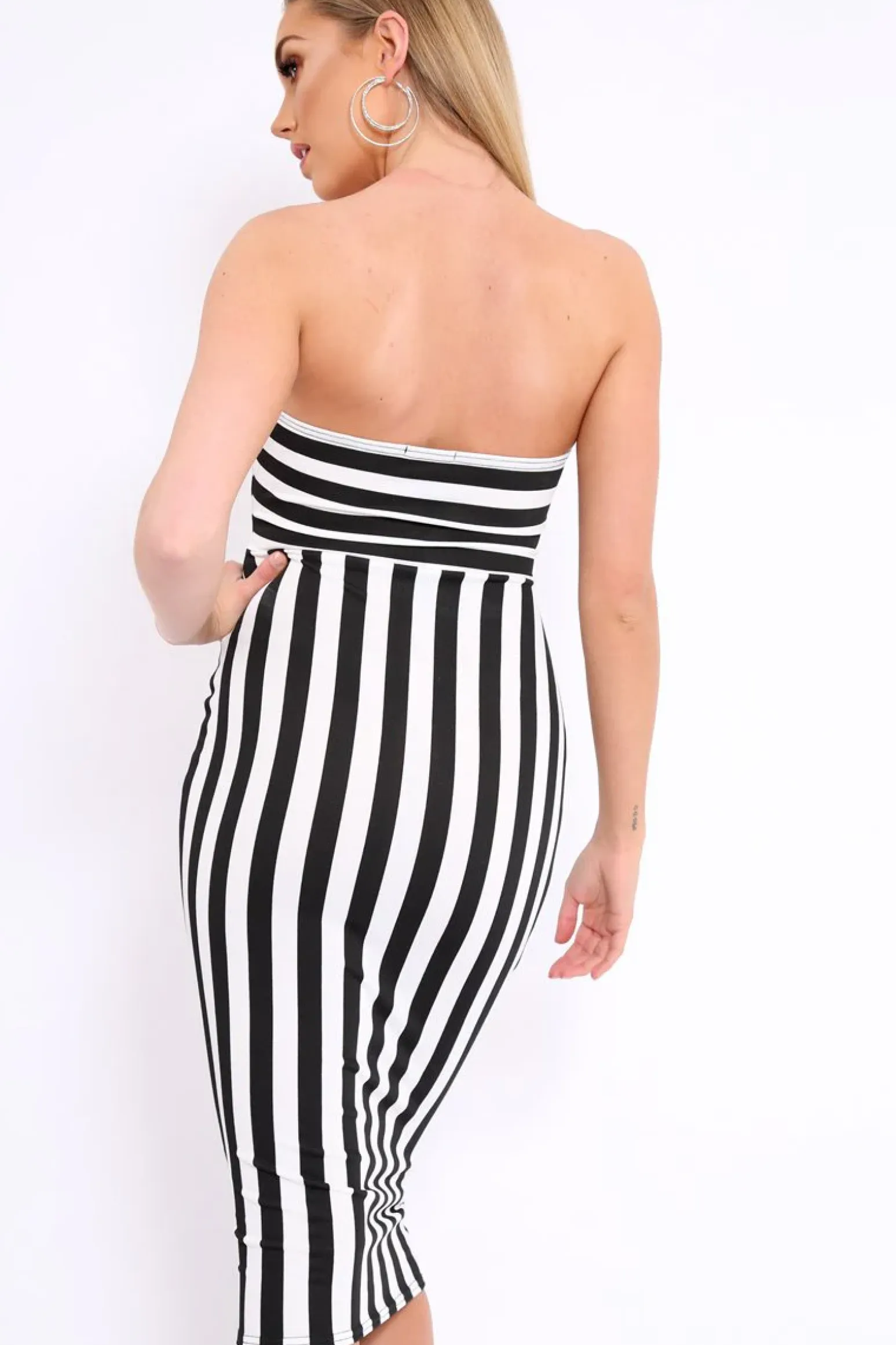 Rebellious Fashion Black and White Stripe Strapless Bodycon Dress - Mirabell