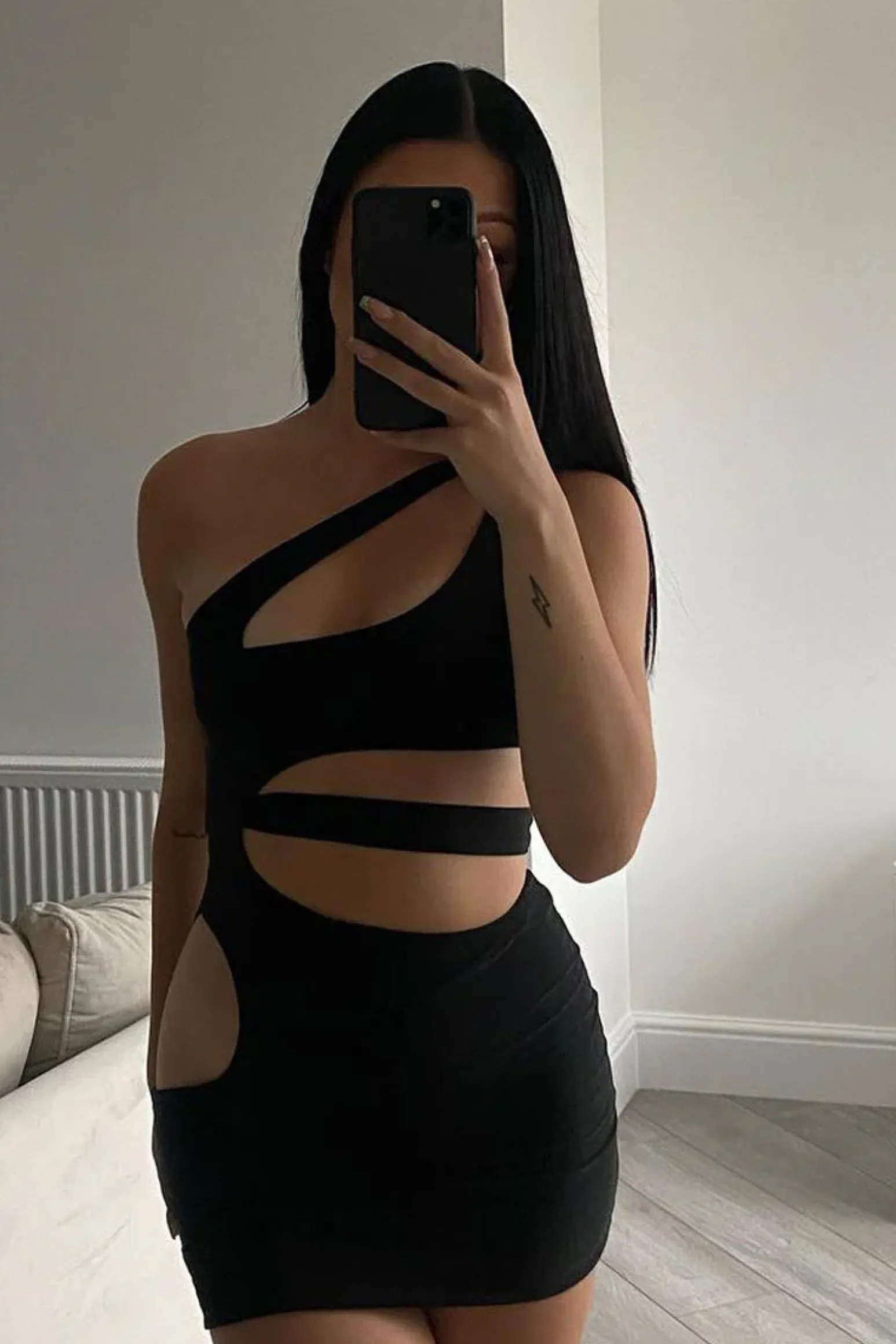 Rebellious Fashion Black Asymmetric Cut Out Mini Dress - Erin
