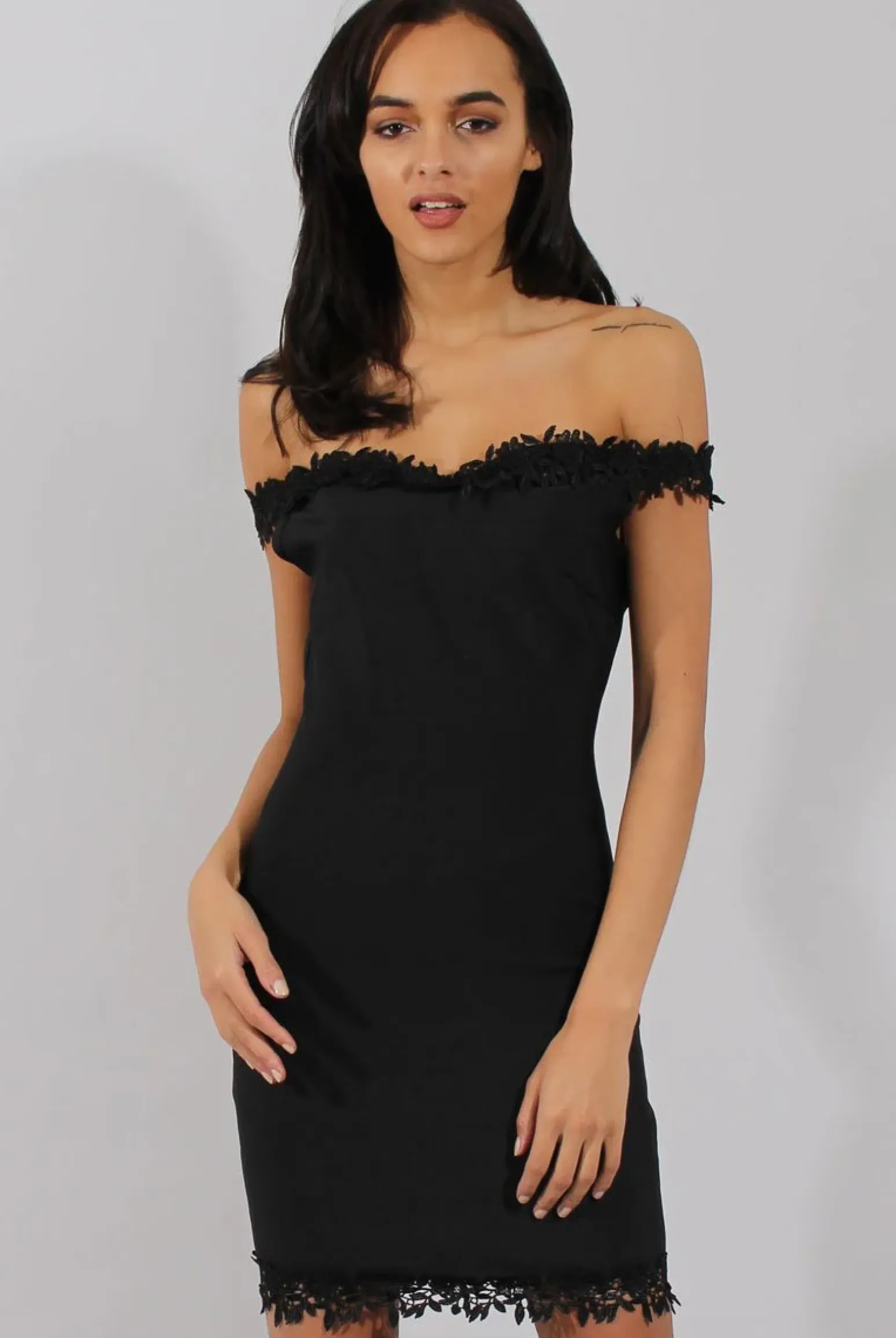 Rebellious Fashion Black Bandage Bardot Crochet Trim Dress - Stasia