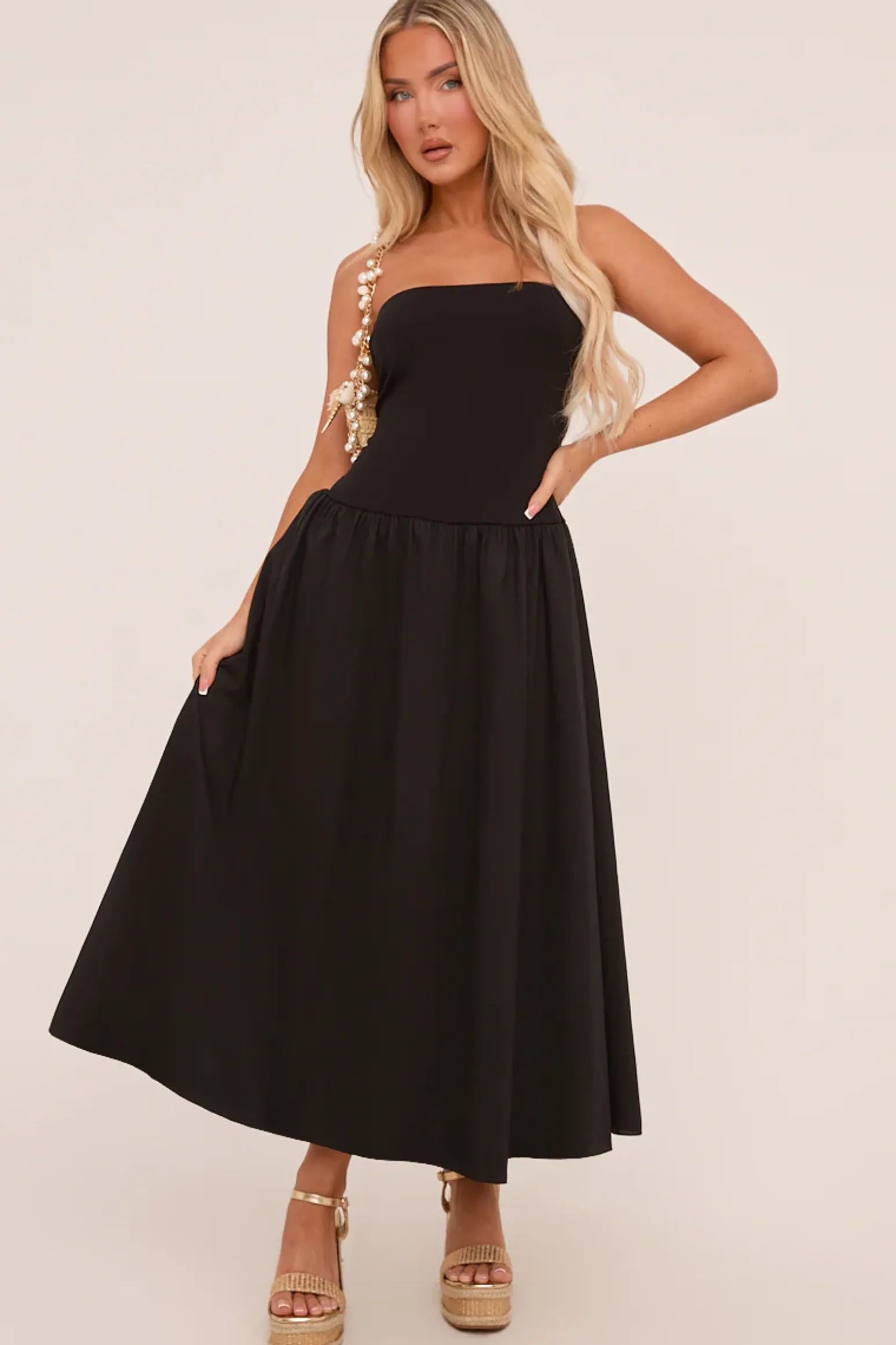 Rebellious Fashion Black Bandeau Drop Waist Maxi Dress - Jillian