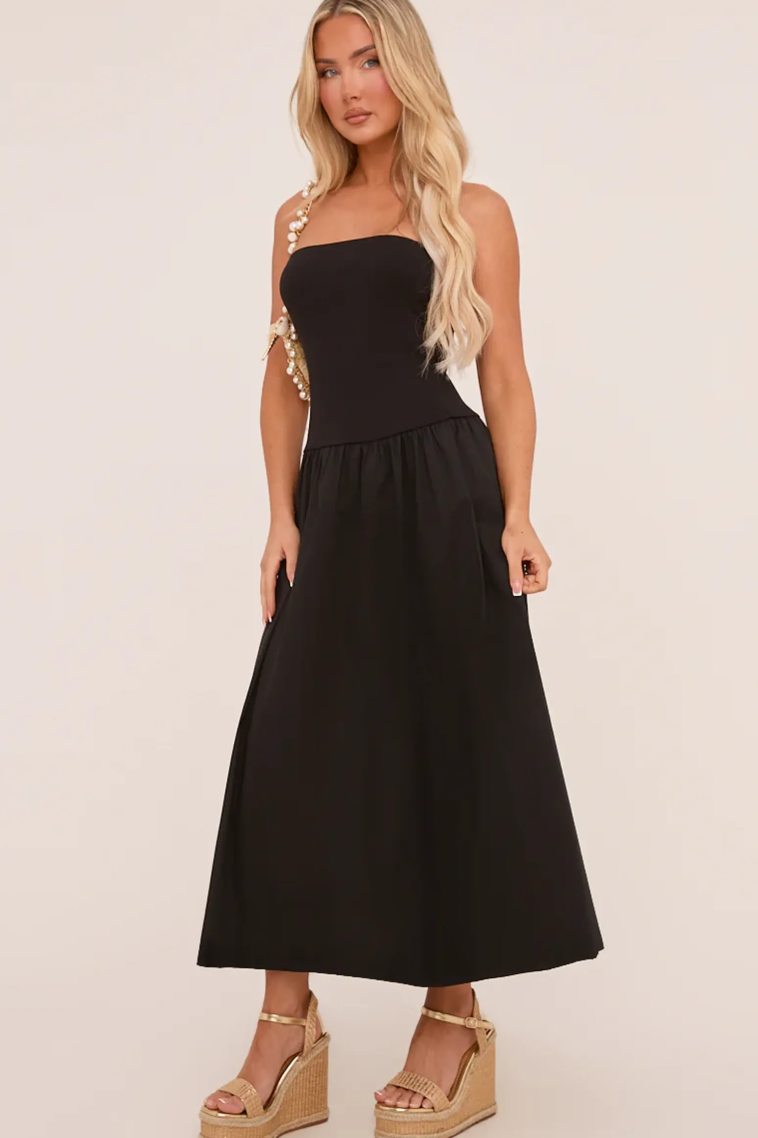 Rebellious Fashion Black Bandeau Drop Waist Maxi Dress - Jillian