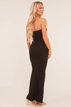 Rebellious Fashion Black Bandeau Front Slit Maxi Dress - Laina