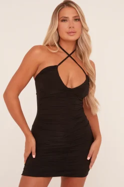 Rebellious Fashion Black Bandeau Ruched Tie Detail Bodycon Mini Dress - Damian