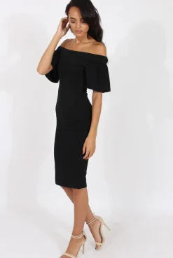 Rebellious Fashion Black Bardot Bodycon Midi Dress - Cecilia