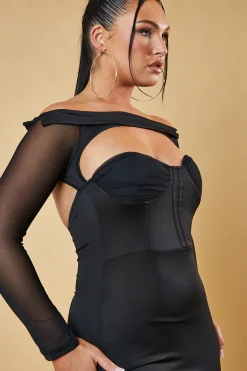 Rebellious Fashion Black Bardot Corset Detail Mini Dress - Alani
