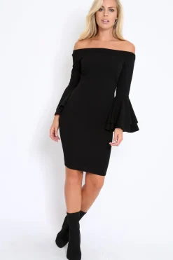 Rebellious Fashion Black Bardot Flared Sleeve Dress - Ebony