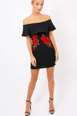 Rebellious Fashion Black Bardot Frill Bodycon Applique Dress - Leticia