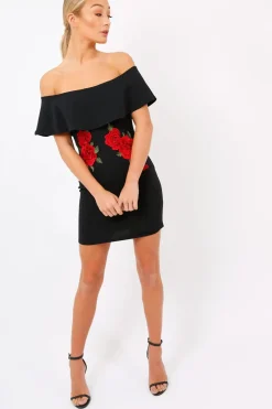 Rebellious Fashion Black Bardot Frill Bodycon Applique Dress - Leticia
