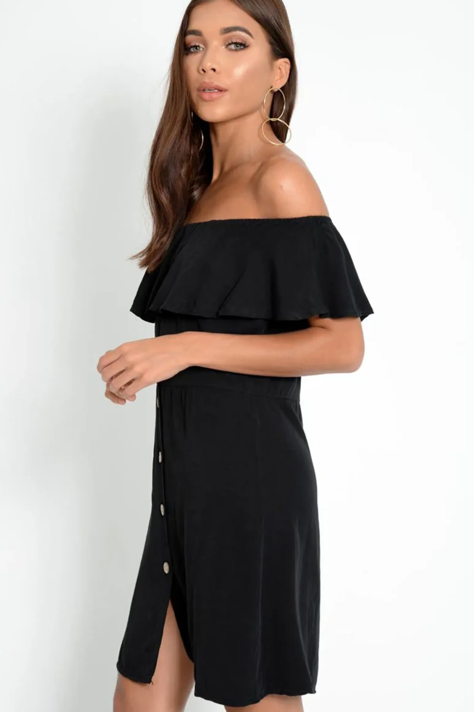Rebellious Fashion Black Bardot Frill Button Front Dress - Julissa