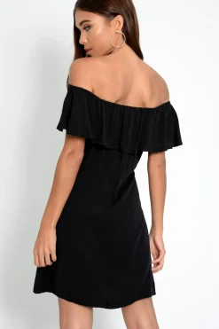 Rebellious Fashion Black Bardot Frill Button Front Dress - Julissa