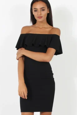 Rebellious Fashion Black Bardot Frill Midi Dress - Lily