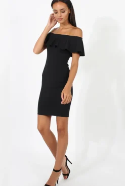 Rebellious Fashion Black Bardot Frill Midi Dress - Lily
