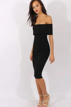 Rebellious Fashion Black Bardot Frill Open Back Midi Dress - Trish