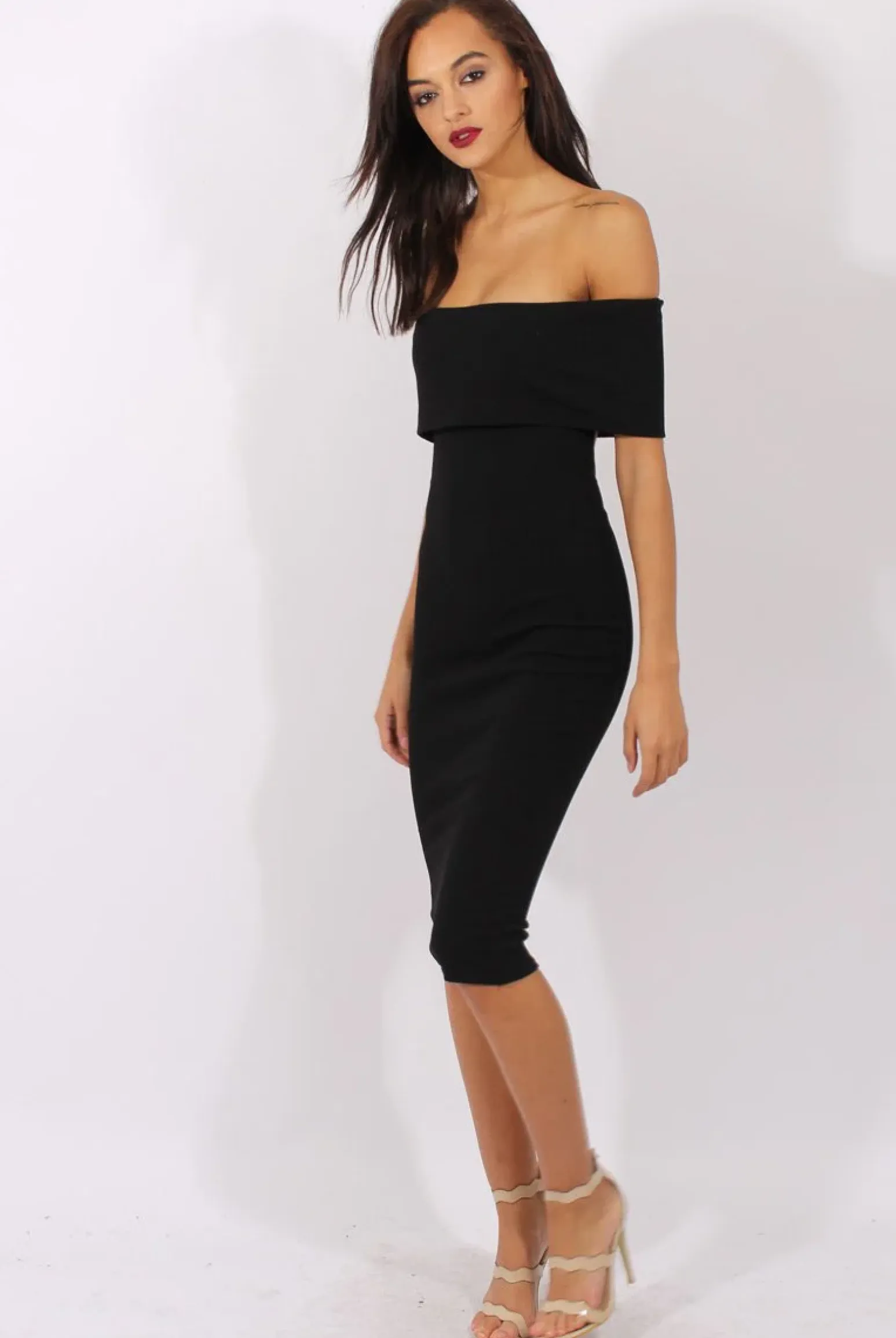 Rebellious Fashion Black Bardot Frill Open Back Midi Dress - Trish