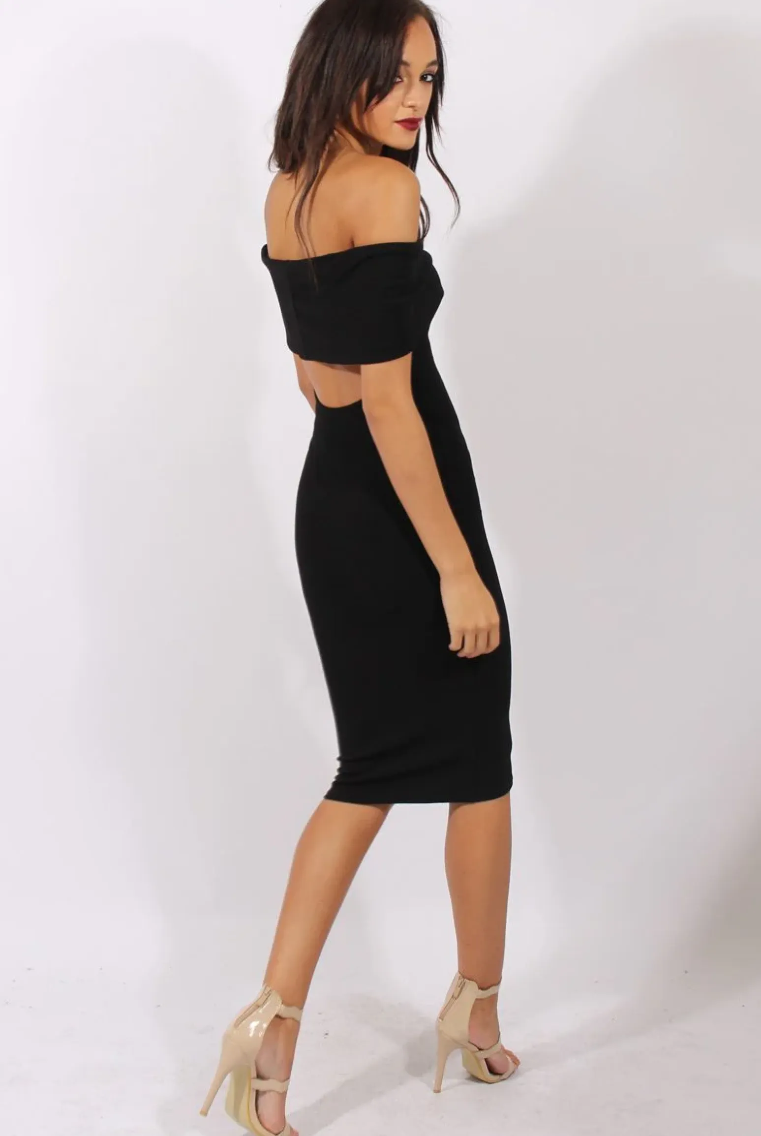 Rebellious Fashion Black Bardot Frill Open Back Midi Dress - Trish