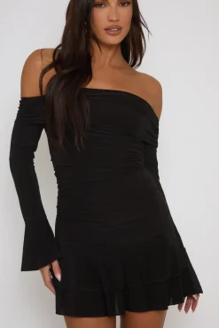 Rebellious Fashion Black Bardot Ruffle Frill Hem Mini Dress - Lotty