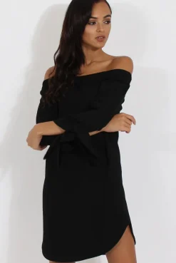 Rebellious Fashion Black Bardot Tie Cuffs Dress - Whitney