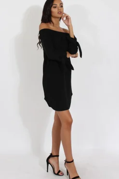 Rebellious Fashion Black Bardot Tie Cuffs Dress - Whitney
