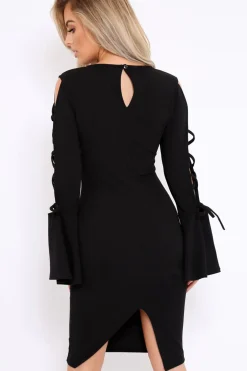 Rebellious Fashion Black Bell Sleeved Dress with Lace up Detail - Faith