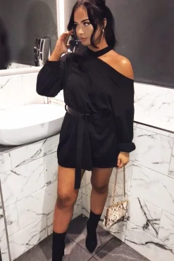 Rebellious Fashion Black Belted Cold Shoulder Jumper Dress - Elston