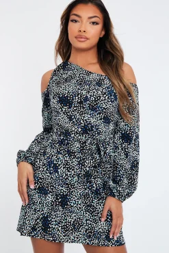 Rebellious Fashion Black Blue Leopard Print Asymmetric Tie Waist Mini Dress - Vera