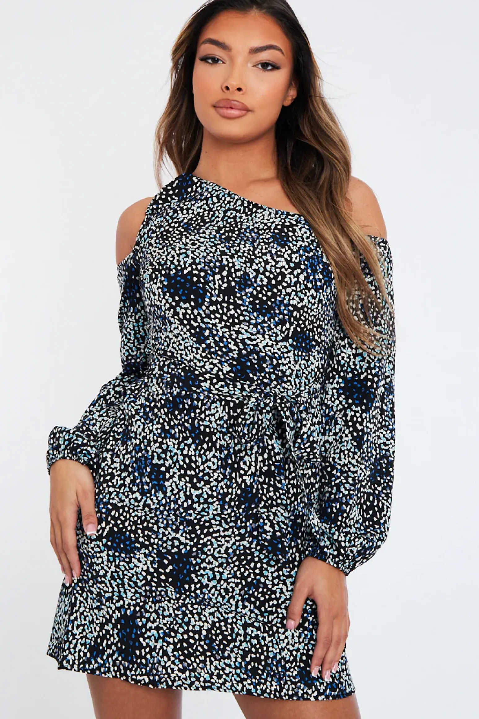 Rebellious Fashion Black Blue Leopard Print Asymmetric Tie Waist Mini Dress - Vera