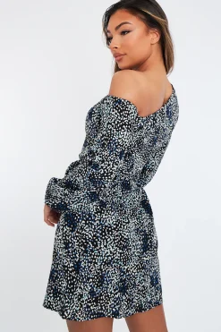 Rebellious Fashion Black Blue Leopard Print Asymmetric Tie Waist Mini Dress - Vera
