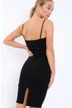 Rebellious Fashion Black Bodycon Midi Dress with Gold Bar Detail - Annahi