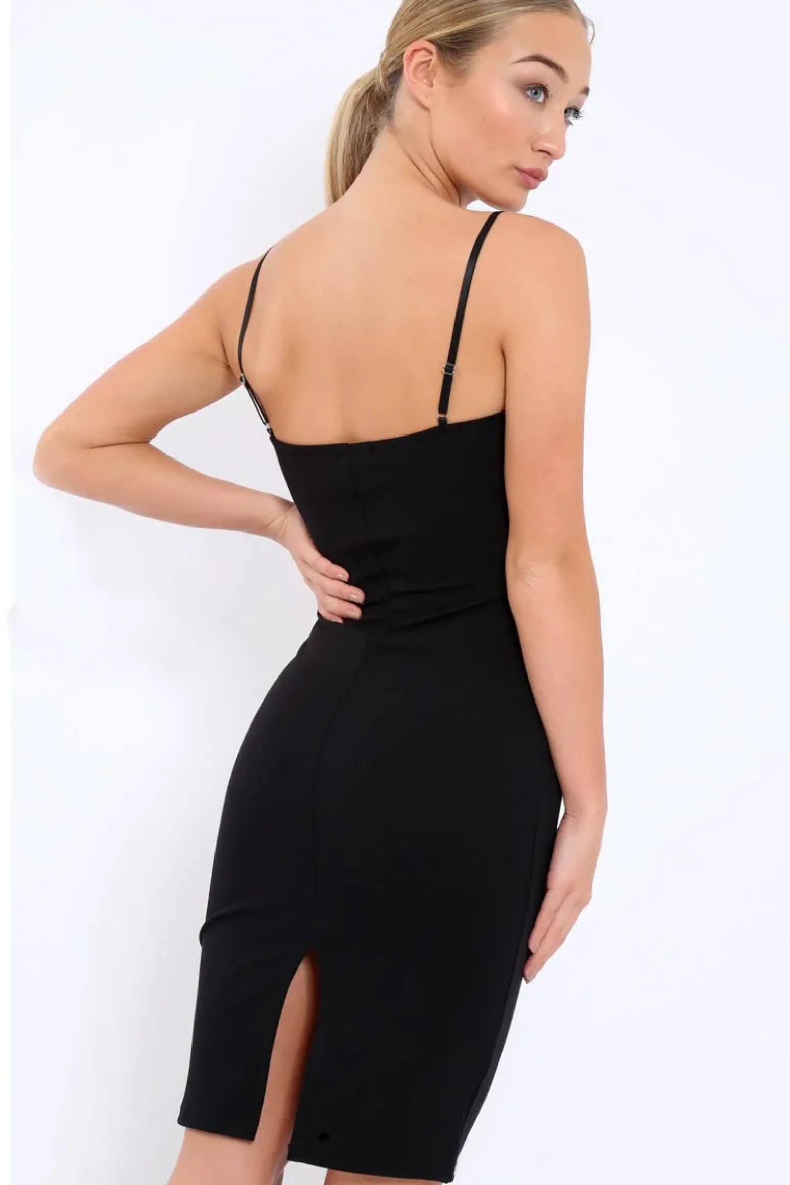 Rebellious Fashion Black Bodycon Midi Dress with Gold Bar Detail - Annahi