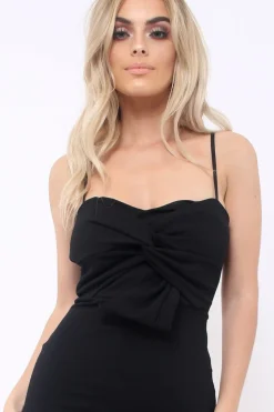 Rebellious Fashion Black Bow Front Bodycon Midi Dress - Latisha