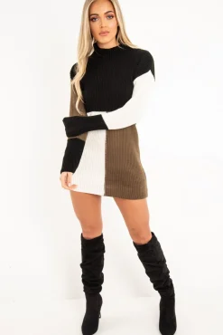 Rebellious Fashion Black Brown and Cream Knit Jumper Dress - Taila