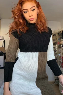 Rebellious Fashion Black Brown and Cream Knit Jumper Dress - Taila