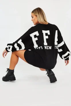 Rebellious Fashion Black Buffalo New York Slogan Sweater Dress - Nazaria