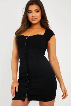Rebellious Fashion Black Button Front Bodycon Denim Dress - Carlyn