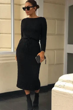 Rebellious Fashion Black Cable Knit Drawstring Waist Dress - Rhea